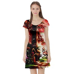 Fantasy Art Story Lodge Girl Rabbits Flowers Short Sleeve Skater Dress by BangZart