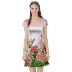 Flora Butterfly Roses Short Sleeve Skater Dress by BangZart