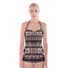 Giraffe African Vector Pattern Boyleg Halter Swimsuit  by BangZart