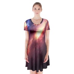 Digital Space Universe Short Sleeve V-neck Flare Dress by BangZart