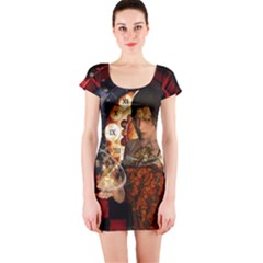 Steampunk, Beautiful Steampunk Lady With Clocks And Gears Short Sleeve Bodycon Dress by FantasyWorld7