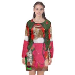 Christmas, Funny Kitten With Gifts Long Sleeve Chiffon Shift Dress  by FantasyWorld7