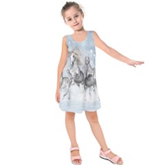 Awesome Running Horses In The Snow Kids  Sleeveless Dress by FantasyWorld7