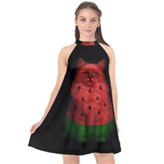 Watermelon Cat Halter Neckline Chiffon Dress  by Valentinaart