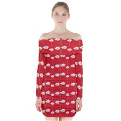 Sunflower Red Star Beauty Flower Floral Long Sleeve Off Shoulder Dress by Mariart