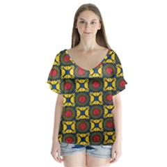 African Textiles Patterns V-neck Flutter Sleeve Top by Mariart