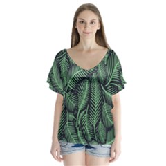 Coconut Leaves Summer Green V-neck Flutter Sleeve Top by Mariart