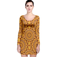 Golden Mandalas Pattern Long Sleeve Velvet Bodycon Dress by linceazul