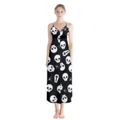 Skull, Spider And Chest  - Halloween Pattern Button Up Chiffon Maxi Dress by Valentinaart