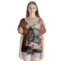 Steampunk, Awesome Steampunk Horse With Clocks And Gears In Silver V-neck Flutter Sleeve Top by FantasyWorld7