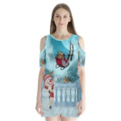 Christmas Design, Santa Claus With Reindeer In The Sky Shoulder Cutout Velvet One Piece by FantasyWorld7