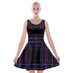 Retro Neon Grid Squares And Circle Pop Loop Motion Background Plaid Purple Velvet Skater Dress by Mariart