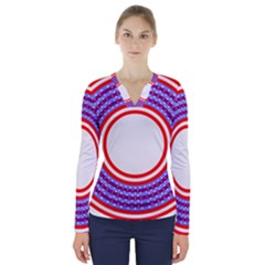 Stars Stripes Circle Red Blue Space Round V-neck Long Sleeve Top by Mariart