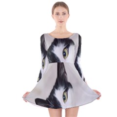 Cat Face Cute Black White Animals Long Sleeve Velvet Skater Dress by Mariart