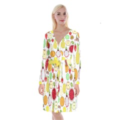 Mango Fruit Pieces Watermelon Dragon Passion Fruit Apple Strawberry Pineapple Melon Long Sleeve Velvet Front Wrap Dress by Mariart