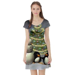 Funny Snowman With Penguin And Christmas Tree Short Sleeve Skater Dress by FantasyWorld7