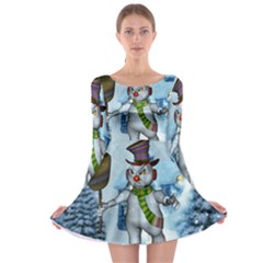 Funny Grimly Snowman In A Winter Landscape Long Sleeve Skater Dress by FantasyWorld7
