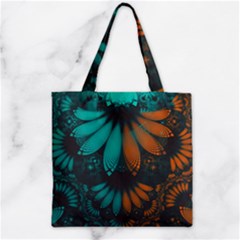 Beautiful Teal And Orange Paisley Fractal Feathers Zipper Grocery Tote Bag by jayaprime