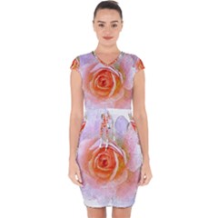 Pink Rose Flower, Floral Oil Painting Art Capsleeve Drawstring Dress  by picsaspassion