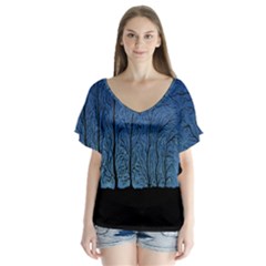 Forest Tree Night Blue Black Man V-neck Flutter Sleeve Top by Mariart