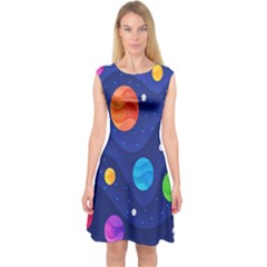 Planet Space Moon Galaxy Sky Blue Polka Capsleeve Midi Dress by Mariart