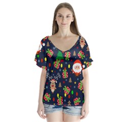 Santa And Rudolph Pattern V-neck Flutter Sleeve Top by Valentinaart