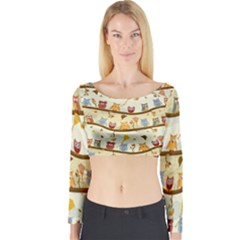 Autumn Owls Pattern Long Sleeve Crop Top by Celenk