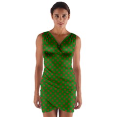 Red Stars On Christmas Green Background Wrap Front Bodycon Dress by PodArtist