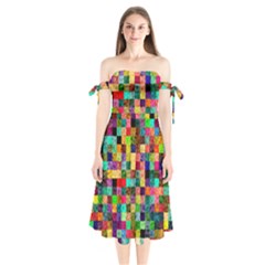 Pattern Shoulder Tie Bardot Midi Dress by gasi