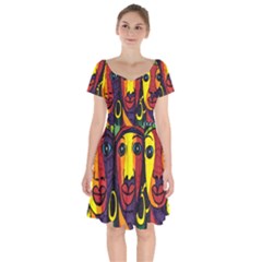 Ethnic Bold Bright Artistic Paper Short Sleeve Bardot Dress by Celenk