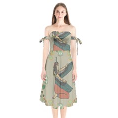 Egyptian Woman Wings Design Shoulder Tie Bardot Midi Dress by Celenk