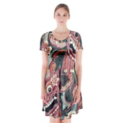 Indonesia Bali Batik Fabric Short Sleeve V-neck Flare Dress by Celenk