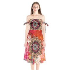 Mandala Art Design Pattern Ethnic Shoulder Tie Bardot Midi Dress by Celenk