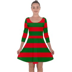 Red And Green Christmas Cabana Stripes Quarter Sleeve Skater Dress by PodArtist