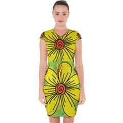 Flower Cartoon Painting Painted Capsleeve Drawstring Dress  by Celenk