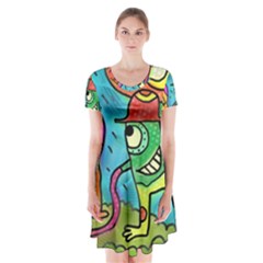 Painting Painted Ink Cartoon Short Sleeve V-neck Flare Dress by Celenk