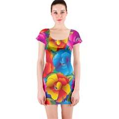 Neon Colored Floral Pattern Short Sleeve Bodycon Dress by allthingseveryone
