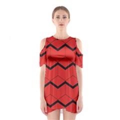 Red Box Pattern Shoulder Cutout One Piece by berwies