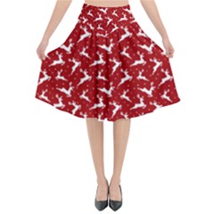 Red Reindeers Flared Midi Skirt by patternstudio