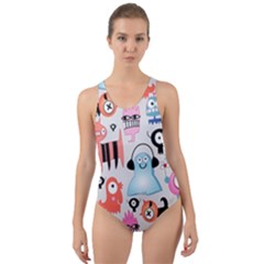 Funky Monsters Pattern Cut-out Back One Piece Swimsuit by Bigfootshirtshop