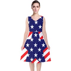 Patriotic Usa Stars Stripes Red V-neck Midi Sleeveless Dress  by Celenk