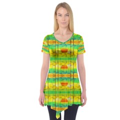 Birds Beach Sun Abstract Pattern Short Sleeve Tunic  by Celenk