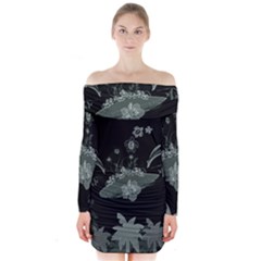 Surfboard With Dolphin, Flowers, Palm And Turtle Long Sleeve Off Shoulder Dress by FantasyWorld7