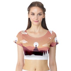 Design Art Hill Hut Landscape Short Sleeve Crop Top by Celenk