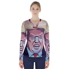 Donald Trump Pop Art President Usa V-neck Long Sleeve Top by BangZart