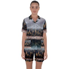 Trees Plants Nature Forests Lake Satin Short Sleeve Pyjamas Set by BangZart