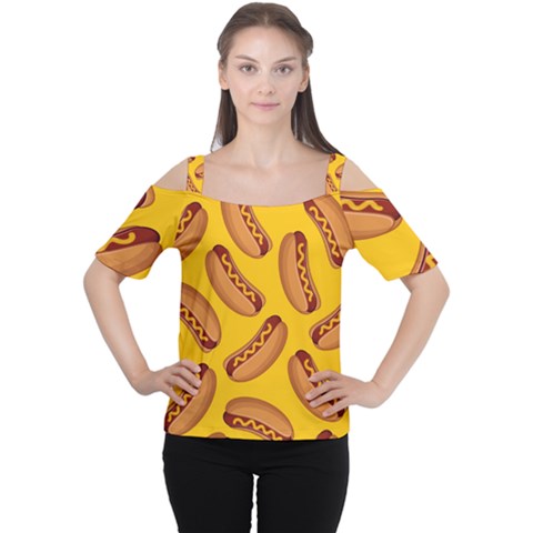 Hot Dog Seamless Pattern Cutout Shoulder Tee by Celenk