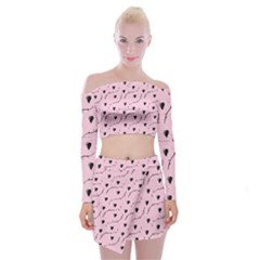 Love Hearth Pink Pattern Off Shoulder Top With Mini Skirt Set by Celenk