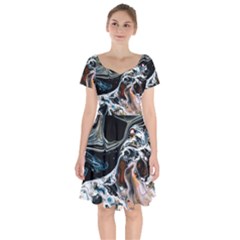 Abstract Flow River Black Short Sleeve Bardot Dress by Celenk