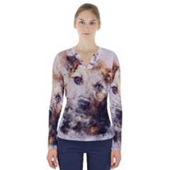 Dog Animal Pet Art Abstract V-neck Long Sleeve Top by Celenk